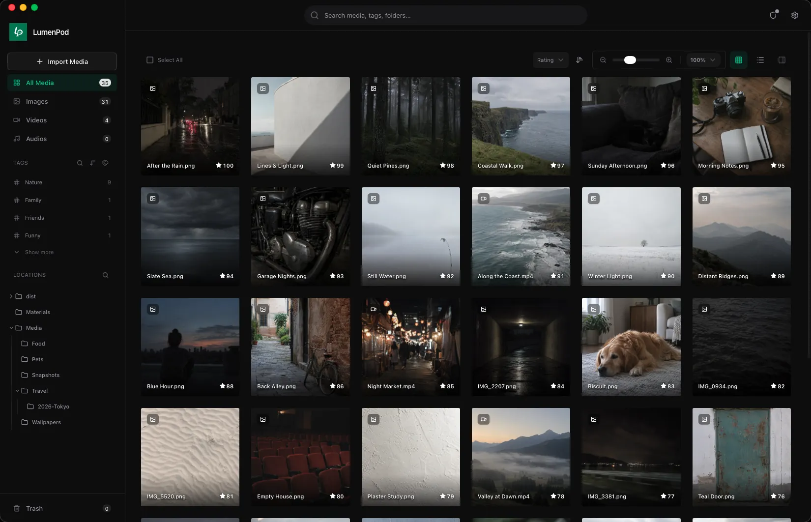 LumenPod library showing an image collection with tags and ratings