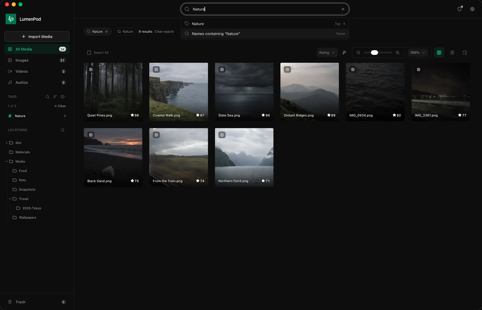 LumenPod media search with tag filters across catalogued folders