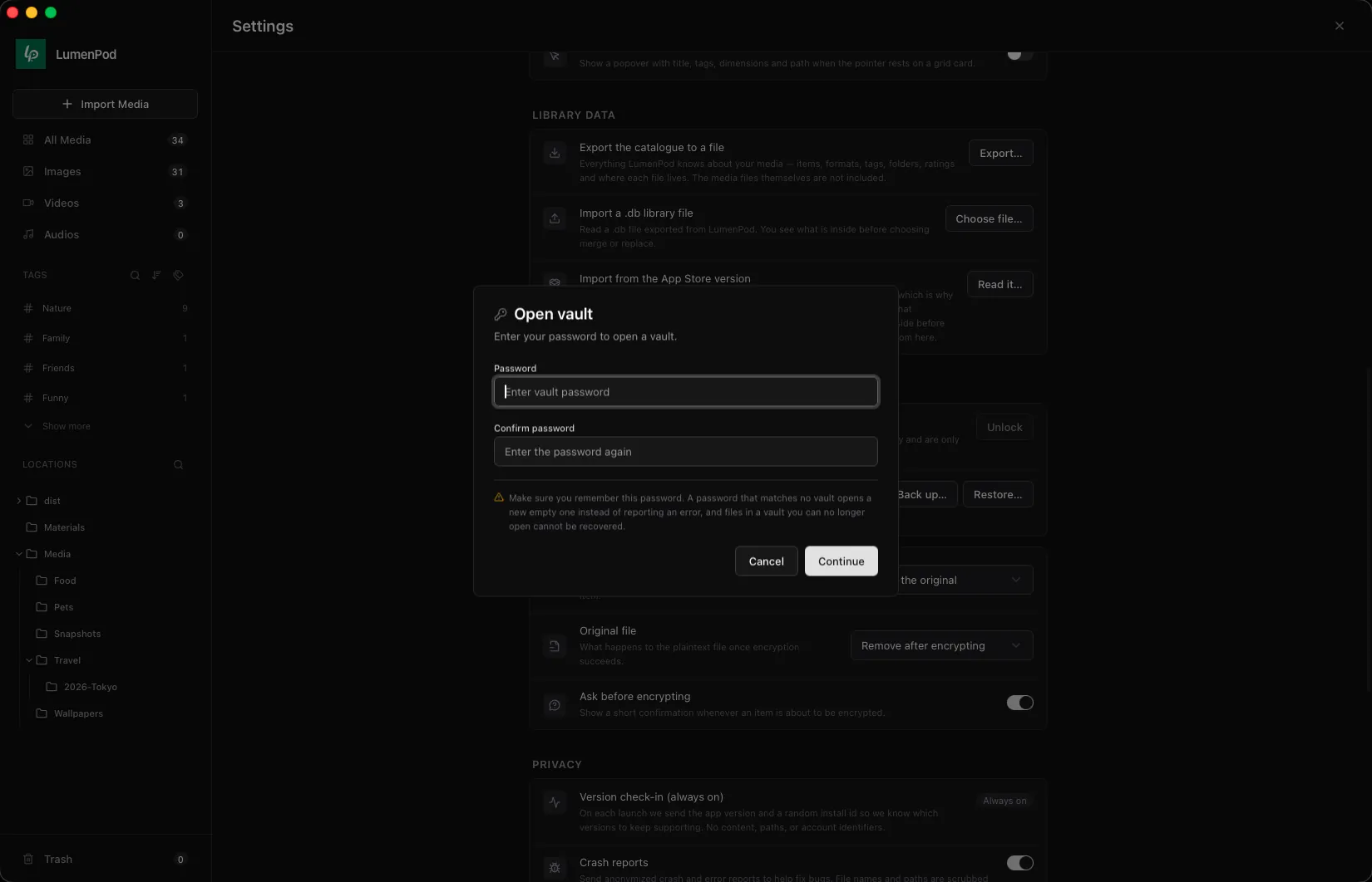 LumenPod Open vault password dialog in Encryption settings